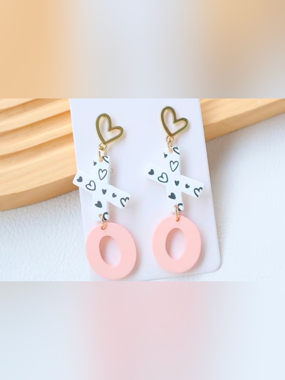Gold Heart Pink & White Heart-Print Drop Earrings